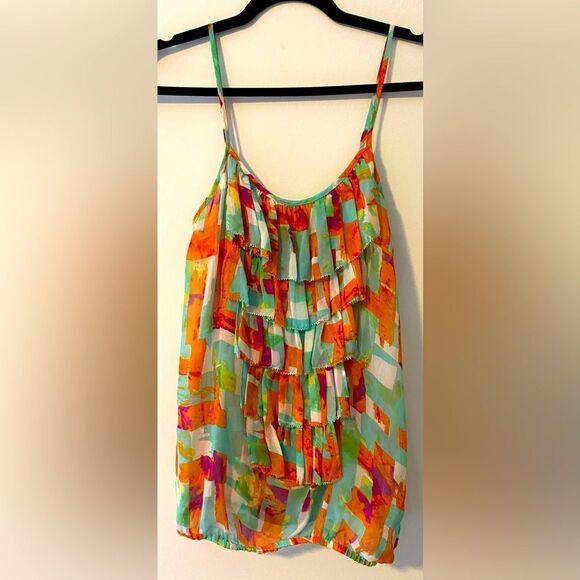 Trinity Tops - Trinity, Multi Colored Sheer Layered Ruffle Tank w/adjustable Straps